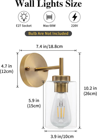 Antique Brass Glass Wall Light E27 Bathroom Sconce