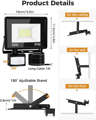 LED flood light with specifications and usage instructions on a white background
