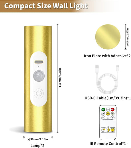 Motion Sensor Wall Lights with Remote Control - Rechargeable Battery Operated Wall Sconces Indoor, LED Wireless Magnetic Wall Lamp Set of 2 for Stairs, Hallway, Bedroom, Living Room, Gold