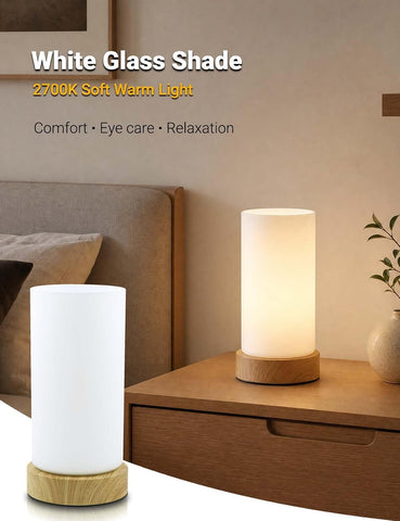 Small Glass Touch Bedside Lamp with 3-Way Dimming, E14 LED Bulb & Wood-Grain Base – Compact Table Lamp for Bedroom, Living Room & Desk