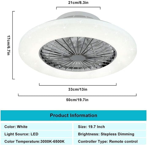 Ceiling fan with dimensions and product information displayed