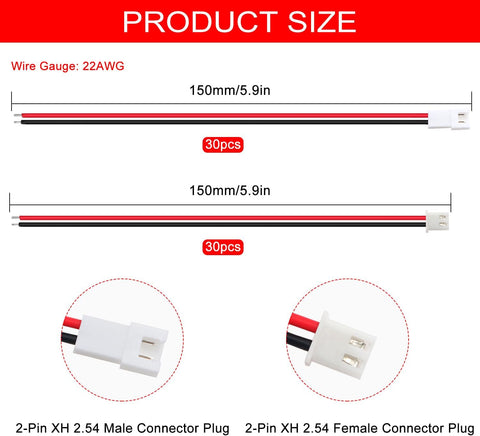 Lyeteung 30 Pairs Mini Micro JST-XH 2.54 Plug Connector, JST 2 Pin Micro Electrical Male and Female Connector Plug Wire Cable, with 150mm 22AWG Wire (Red Black)