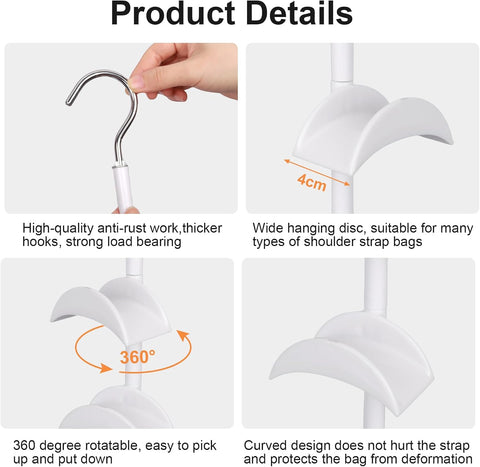 Minicoco 2 Pack Swivel Handbag Organiser with 4 Rotating Hooks Each, White Space-Saving Storage for Bags, Scarves and Accessories