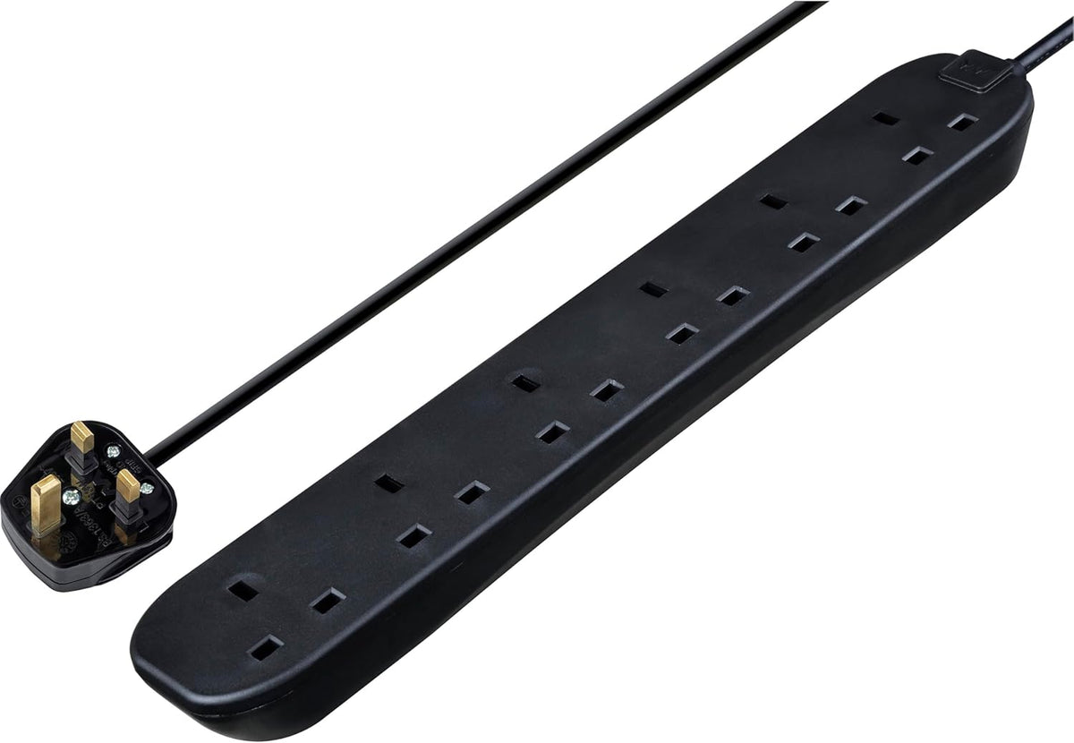 Masterplug Six Socket Extension Lead, 2 Metre Cable, Unswitched, 6-Way Plug Extension Cable, Power Strip, Basic Power, Black, 13A, 6G, 2m, BSG210NB