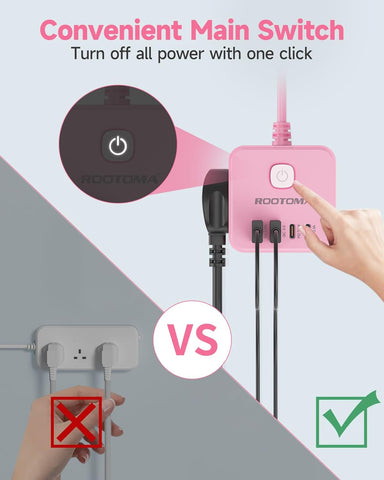 Pink Cube Extension Lead 3 Way Plug with USB C QC3.0 PD 20W, 2M