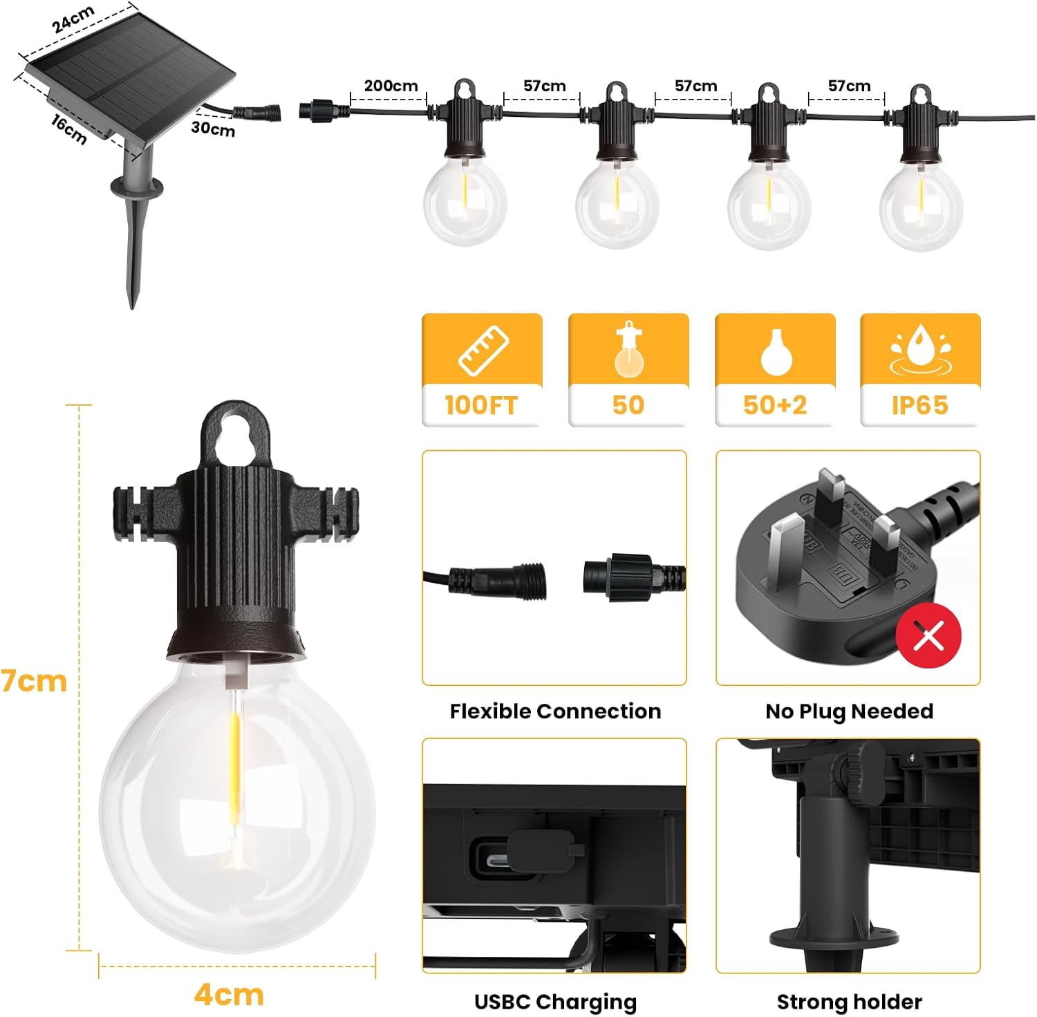 Solar Festoon Lights Outdoor, 30M/100FT Garden String Festoon Lights IP65 Waterproof with 50+2 Globe Shatterproof LED Bulbs, G40 Warm White String Lights for Yard Gazebo Fence Party Roof
