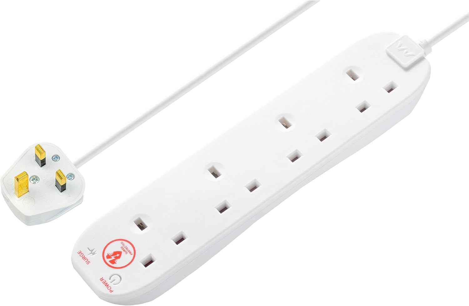 White power strip with multiple sockets on a white background
