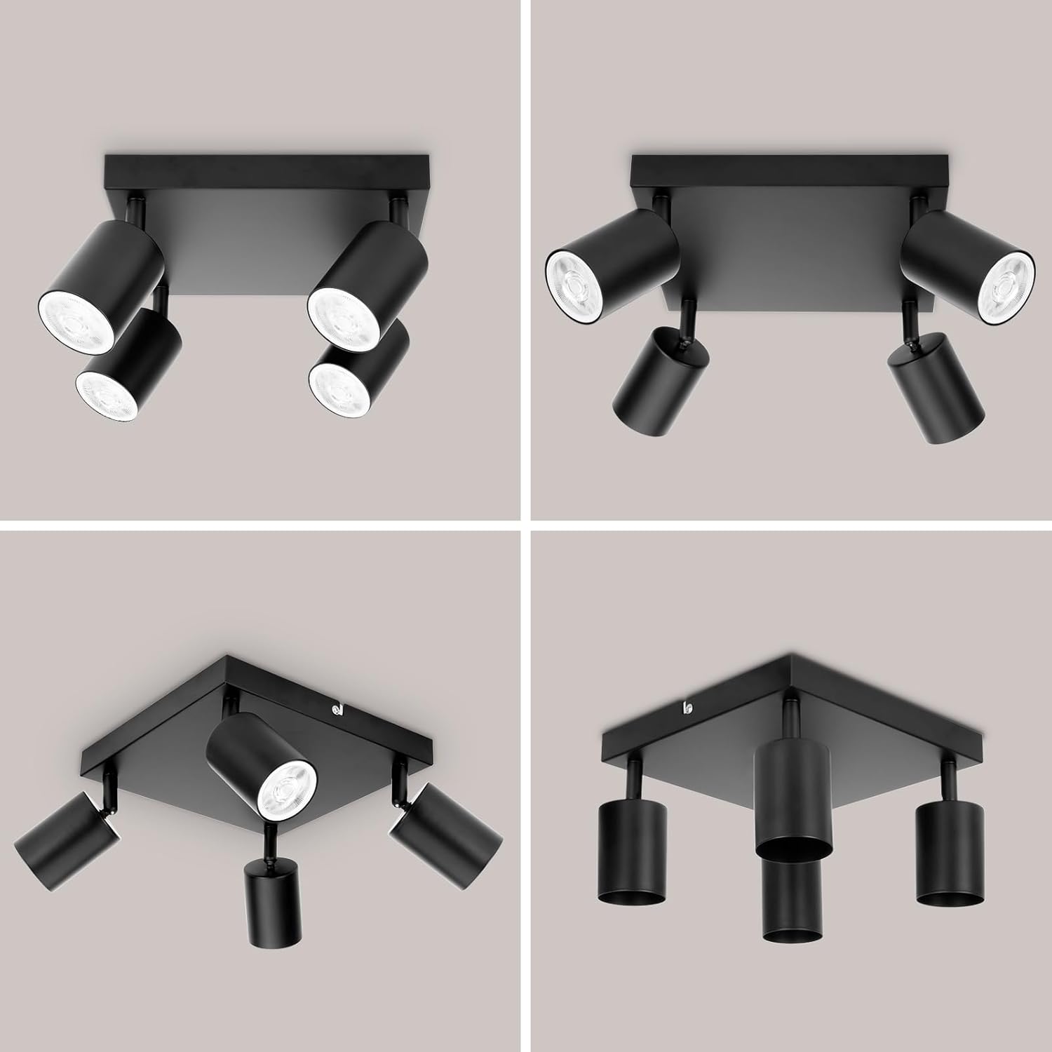 Four different views of a black ceiling light fixture on a beige background