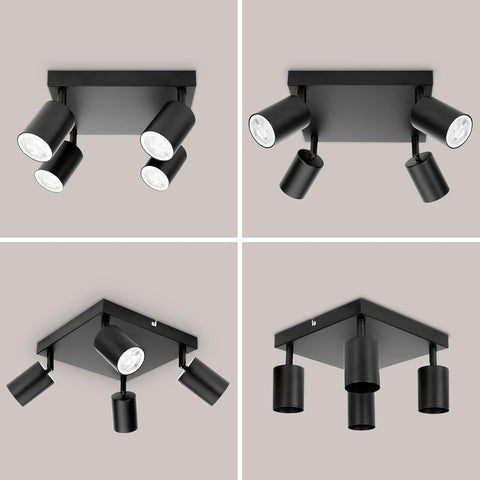 Four different views of a black ceiling light fixture on a beige background