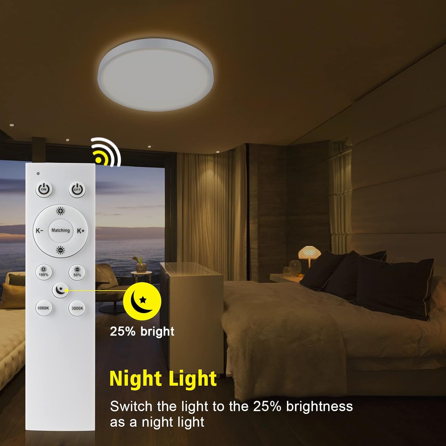 Ceiling light fixture in a room with a remote control displaying night light settings.