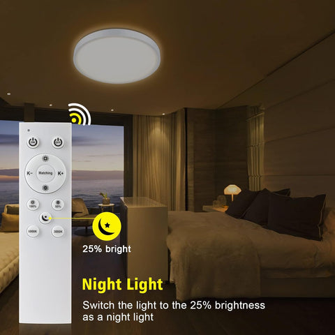 Ceiling light fixture in a room with a remote control displaying night light settings.
