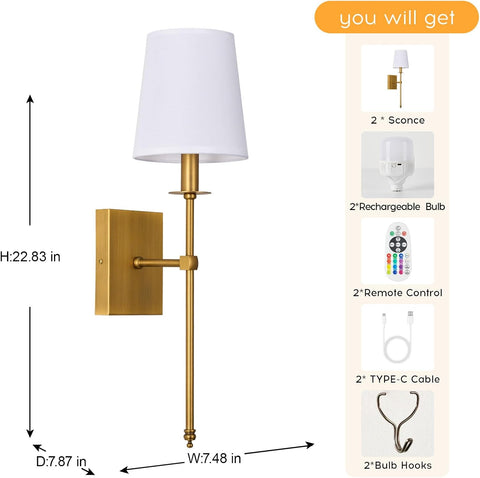 Wiress Battery Operated Wall Lights Set of 2, Rechargeable Wall Lights with Dimmable Light Bulb, Remoted Control, Wireless Lamp Fixture for Bedroom Living Hallway Gold