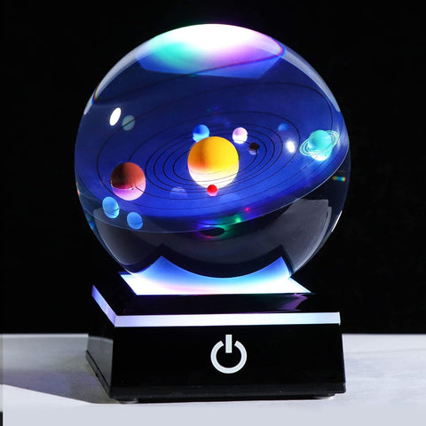 Close-Up of 3D Solar System in Crystal Ball Displayed on a Table