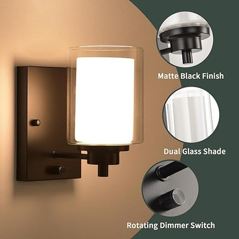 Pack of 2 Industrial Dimmable Wall Sconce - Matte Black with Rotary Dimmer Switch