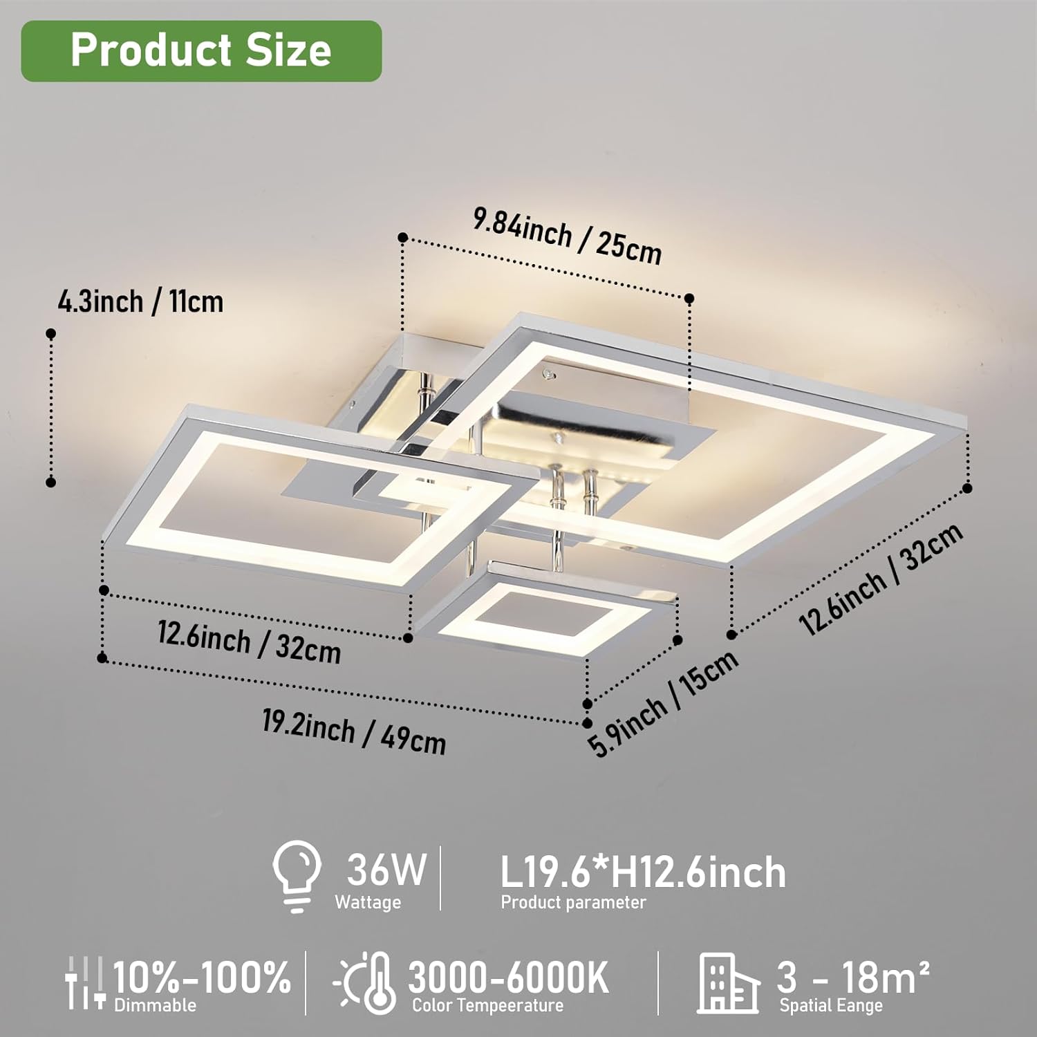 Ceiling light fixture with dimensions and specifications on a gray background