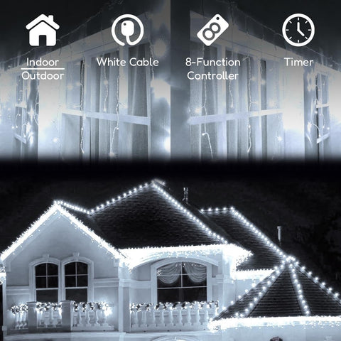 Magic Toy Shop 200 LED Icicle Lights – 4.4m Battery Powered Christmas Lights for Indoor & Outdoor Décor, 8 Modes, Timer & Water Resistant White Lighting - TURN QUIET CORNERS INTO A LITTLE CHRISTMAS MAGIC