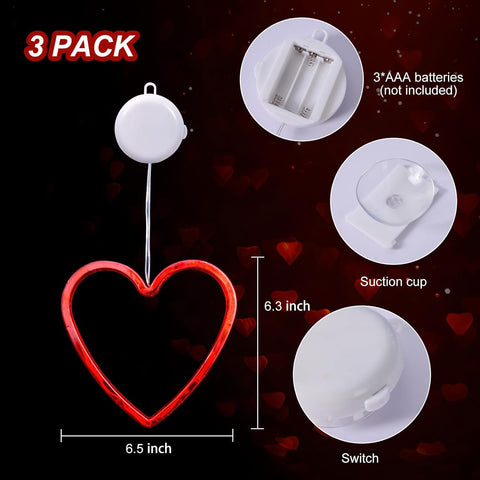 3 Pack Valentine Heart Window Lights with Timer – Battery Powered Red LED Hanging Decor