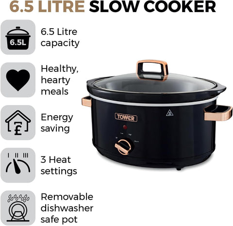 Infinity 6.5L Slow Cooker with 3 Heat Settings & Keep Warm Function, 270W Power, Stainless Steel Pot, Black and Rose Gold