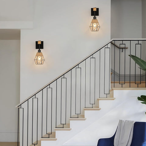 Vintage Industrial Wall Lights with Wood Arm 2 Pack
