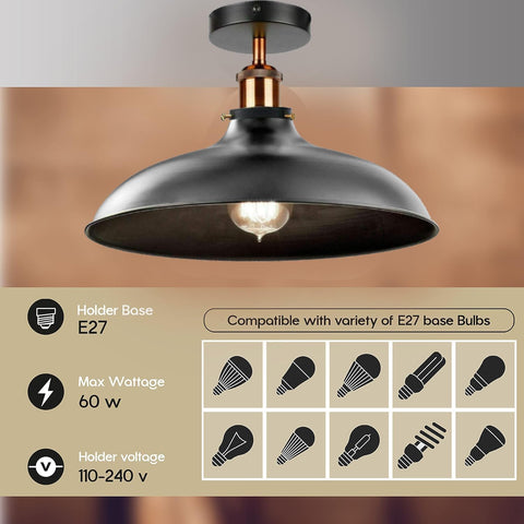 Vintage Ceiling Light Semi Flush Mount Industrial Metal 36cm Black E27 Holder Lamp Shade Ceiling Lighting