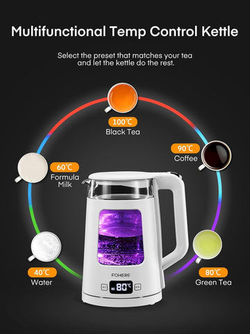 1.7L Glass Electric Kettle with 5 Temperature Control, 2200W Fast Boil, Keep Warm, Auto Shut-Off & LED Lights – White