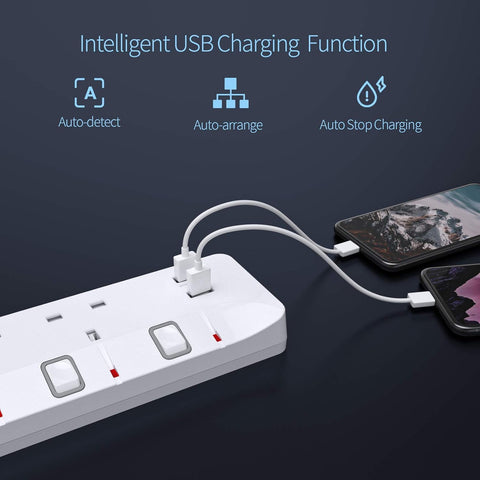 Extension Lead with 4 Way Plug Sockets, Wall Mountable Extension Socket with Individual Switches and 2 USB Charging Ports, 13A 3250W, 2M Extension Cord