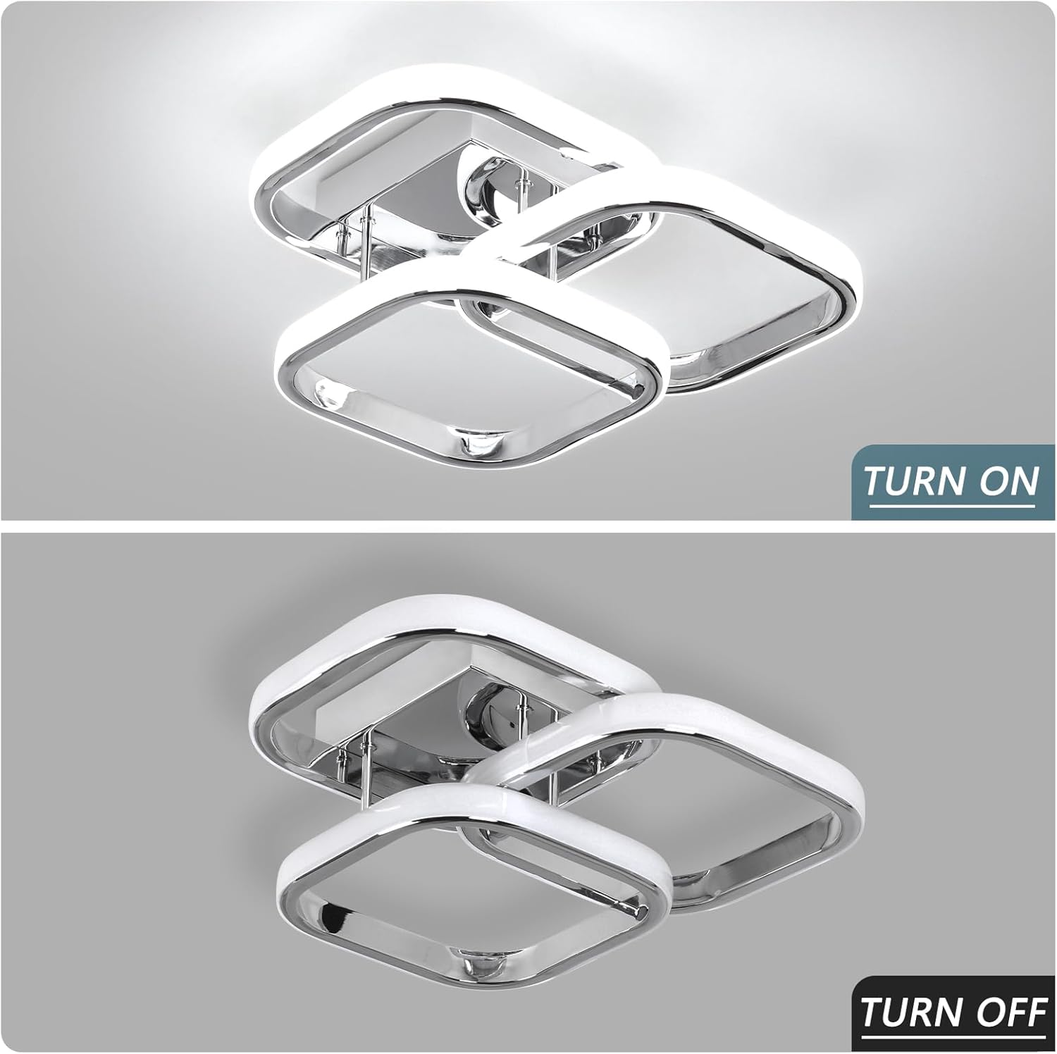 Ceiling light fixture with 'Turn On' and 'Turn Off' labels on a gray background