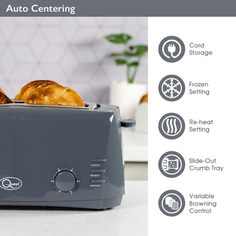 4 Slice Toaster Grey – Extra Wide Long Slots for Bagels and Crumpets – 6 Browning Settings – Reheat, Defrost & Cancel