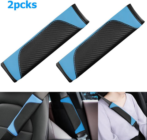 Car Seat Belt Cover Pads Blue Carbon Fiber Leather Set of 2