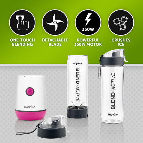 Blend Active Personal Blender & Smoothie Maker 350W | 2 Portable 600ml Bottles with Leak-Proof Lids | White & Pink