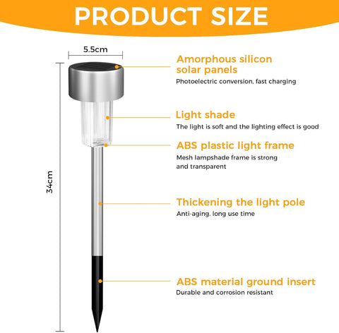 Jsdoin 12PCS Solar Garden Lights, Garden Stake Light Stainless Steel LED Solar Lights Waterproof Auto On-Off Pathway Lighting for Walkway, Patio, Outdoor, Lawn, Driveway