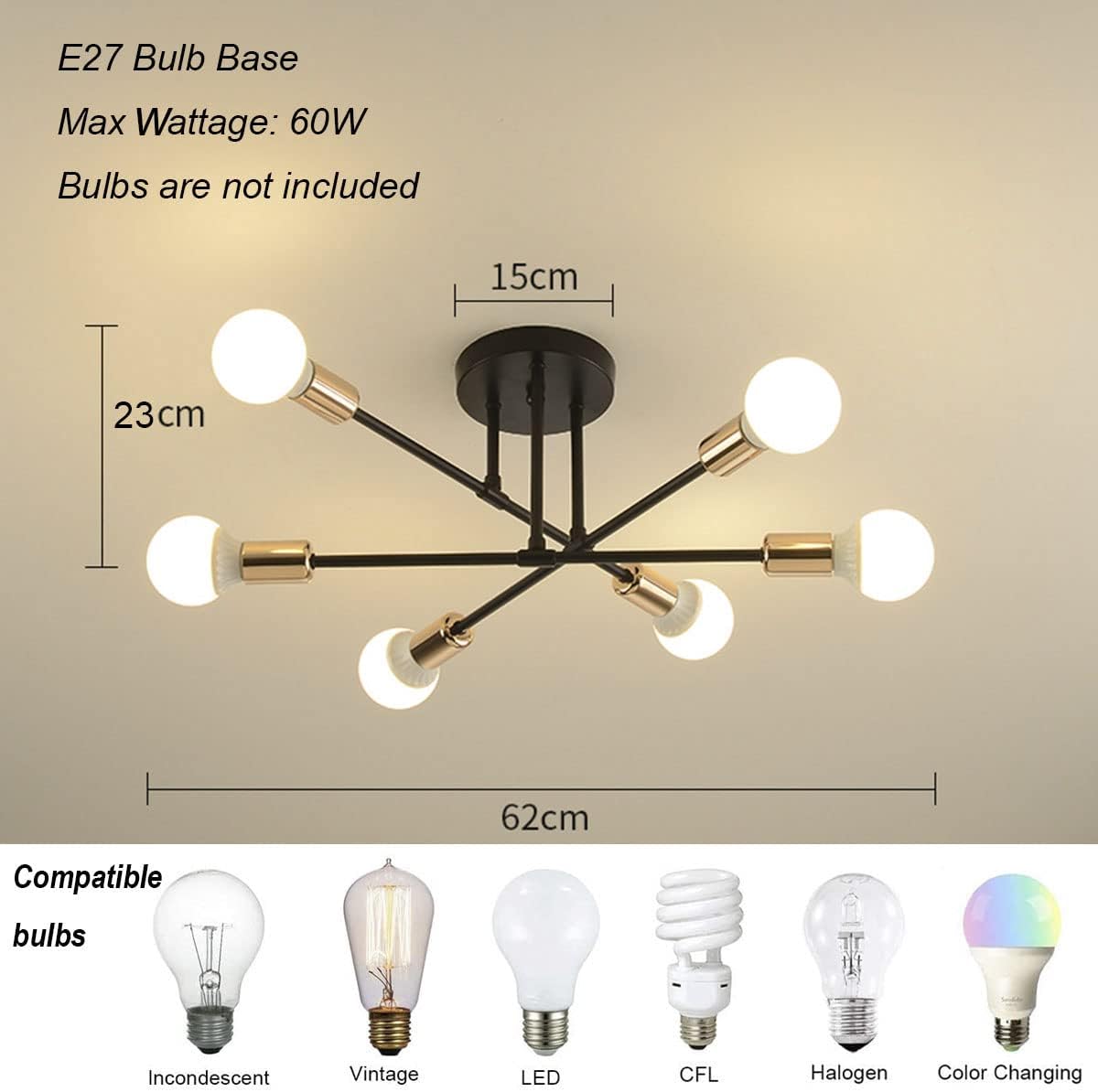 Ceiling light fixture with dimensions and bulb compatibility on a beige background