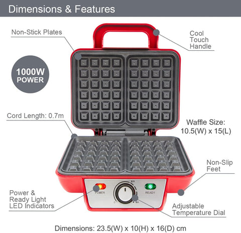 Two Slice Waffle Maker – Non-Stick Plates, Adjustable Temperature, Cool Touch Handle, Easy Clean Stainless Steel – Red
