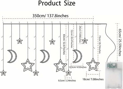 Ramadan Star Moon Curtain Lights – 138 LED Window String Lights with 8 Modes, USB & Battery Powered Multicolor Decor
