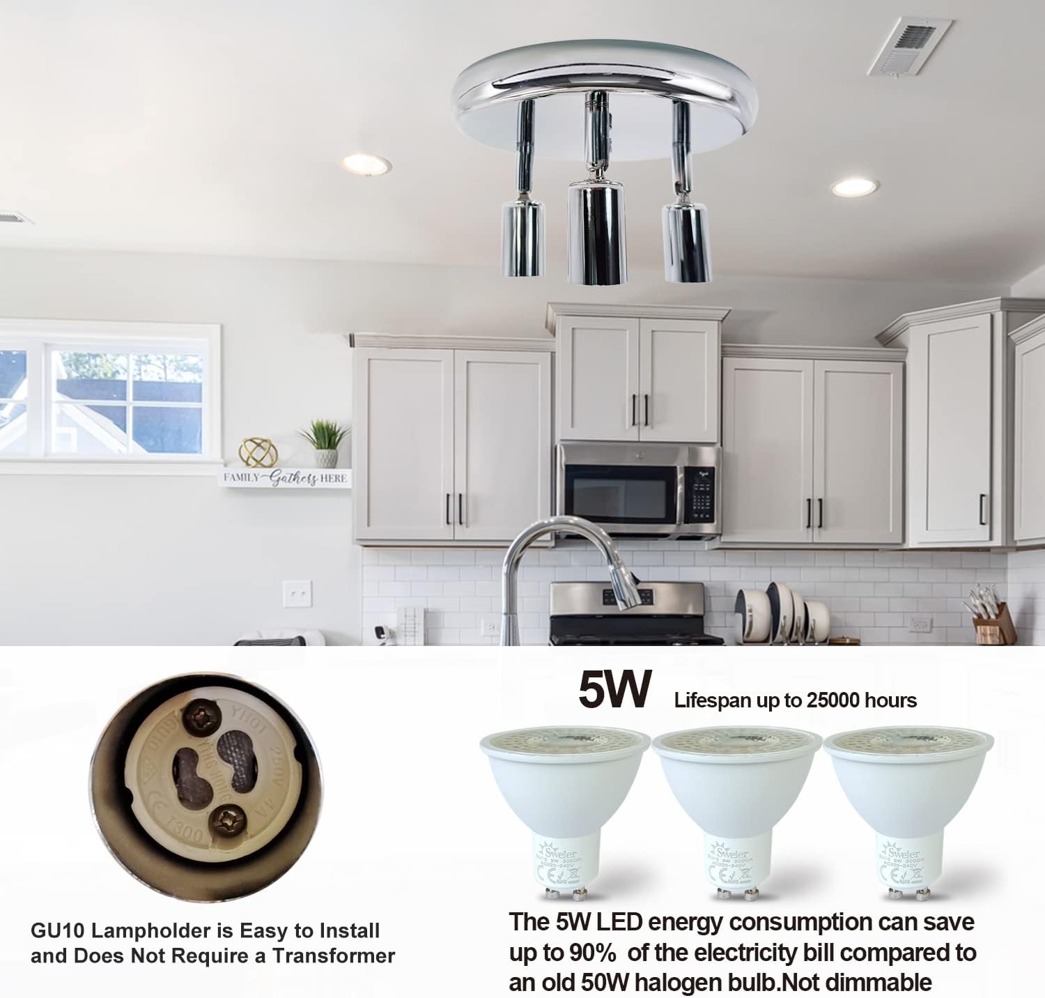 Kitchen with modern light fixture, LED bulbs, and energy-saving text overlay.
