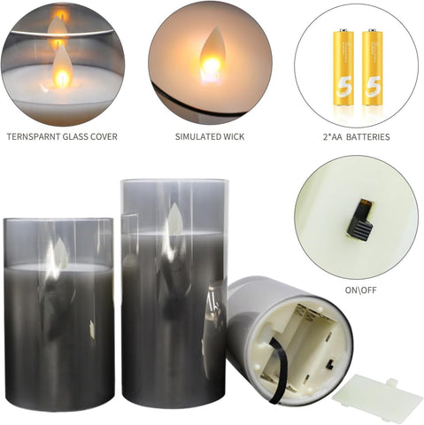 Flameless LED Glass Pillar Candles with Remote & Timer, Real Wax Flickering Wick Battery Operated Candle Set of 3 (4″/5″/6″, Grey)