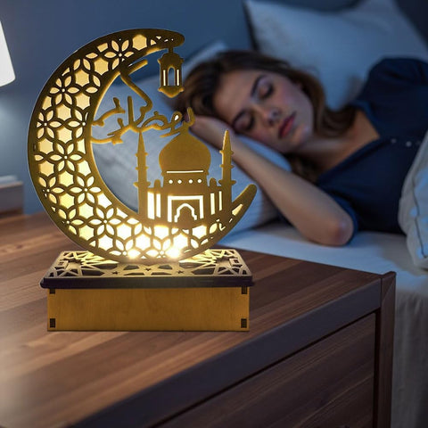 2-Piece Wooden Ramadan Night Lights – Moon Star LED Table Lamps for Eid Home Decoration