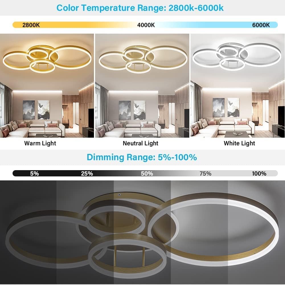 Lighting fixture with color temperature and dimming range display in a living room setting.