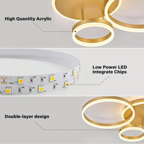 Gold circular ceiling light fixture with text highlighting features on a white background