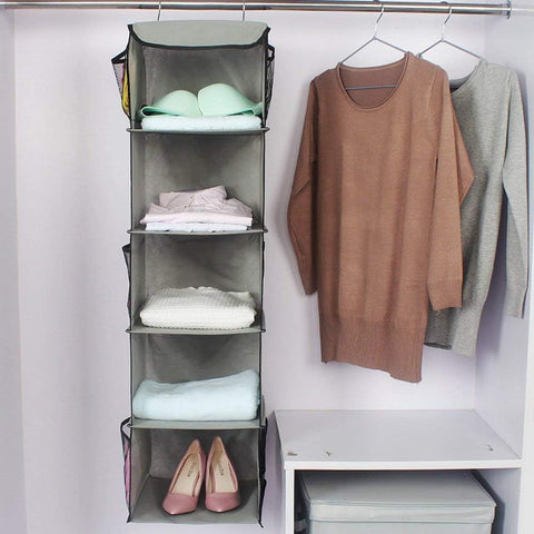 Hanging Storage with 5 Shelves Wardrobe Closet Organiser, Storage Shelves Unit with 6 Pockets for Clothes - Grey(30 X 30 X 108Cm)
