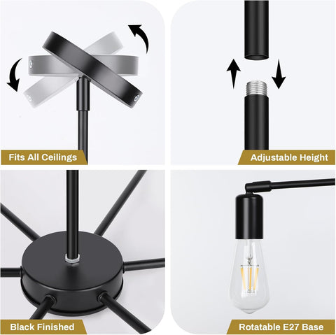 Ceiling light fixture with adjustable height, black finish, and rotatable E27 base on a white background.