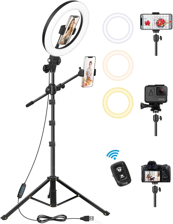 LED 2 Shooting Positions Bluetooth Phone Holder Ring Light In UK - 10 Level Of Brightness , Bluetooth Control, 3 Modes of Colours, IP20 Waterproof, ‎Tripod / Wall Mounted, Light For YouTube, Live Stream, Cooking Nail, Video Recording