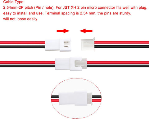 Lyeteung 30 Pairs Mini Micro JST-XH 2.54 Plug Connector, JST 2 Pin Micro Electrical Male and Female Connector Plug Wire Cable, with 150mm 22AWG Wire (Black Red)