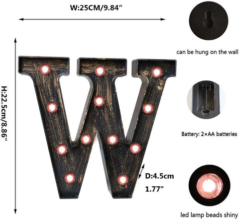 Golden Black LED Marquee Letter W – Vintage Industrial Style