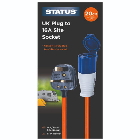 Status UK Plug to 16A Site Socket, 20cm, Adaptor Cable Perfect for Camping Caravan, Motorhome, Campervan, IP44, Weatherproof, 16ASTUKPLUG1PK10