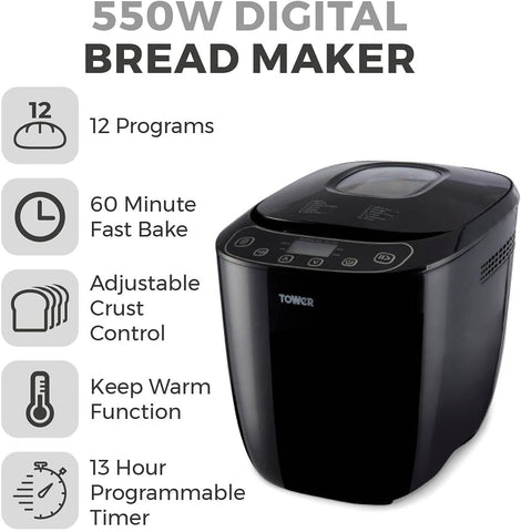 Digital Bread Maker 550W with 12 Programs, 13H Delay Timer, 60 Min Keep Warm, Non-Stick Pan & Crust Control – Black