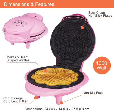 Heart Shaped Waffle Maker – 1000W, Non-Stick Plates, Easy Clean, Thermostatic Design, 25x22cm, Pink