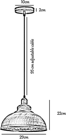 Measurement chart of a pendant light with dimensions labeled.
