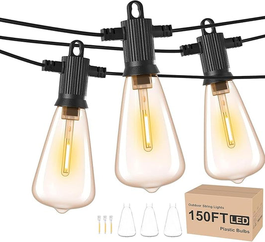 Outdoor String Lights Mains Powered 150FT, Waterproof IP65 Festoon Lights Outdoor with 73+3Pcs Vintage Bulbs, Shatterproof Garden Lights for Backyard Outside Patio Party Pergola Wedding
