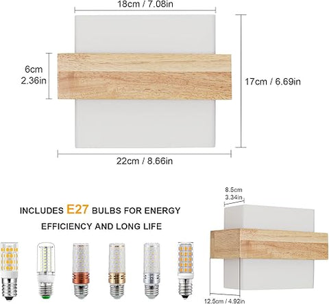 Wooden Wall Lights Indoor, Modern Minimalist Design Wall Lamp - E27 LED 3-Color Temperature Indoor Sconce